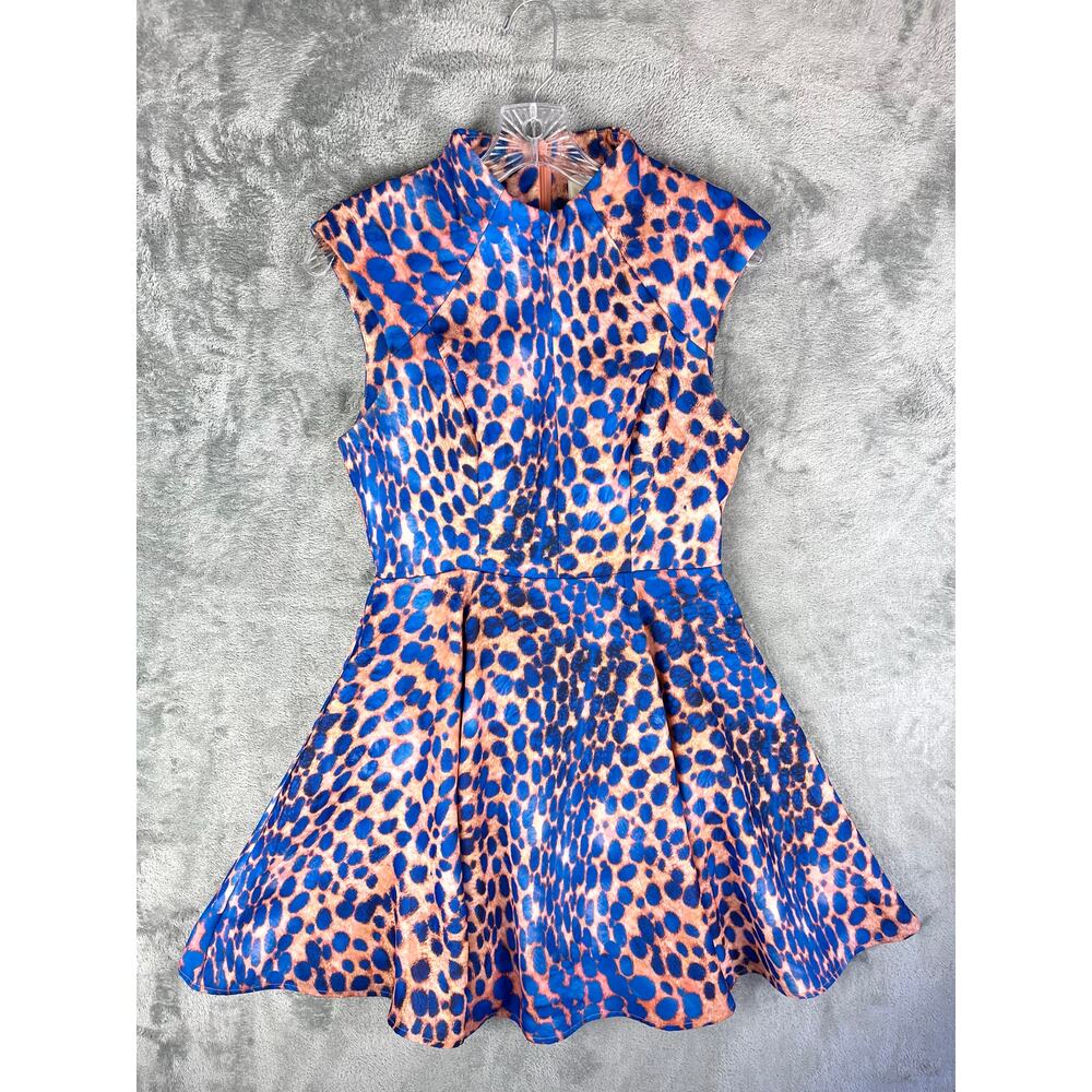Cameo Blue Leopard Cheetah Print Dress‎ Small Fit Flare Colorful Lined